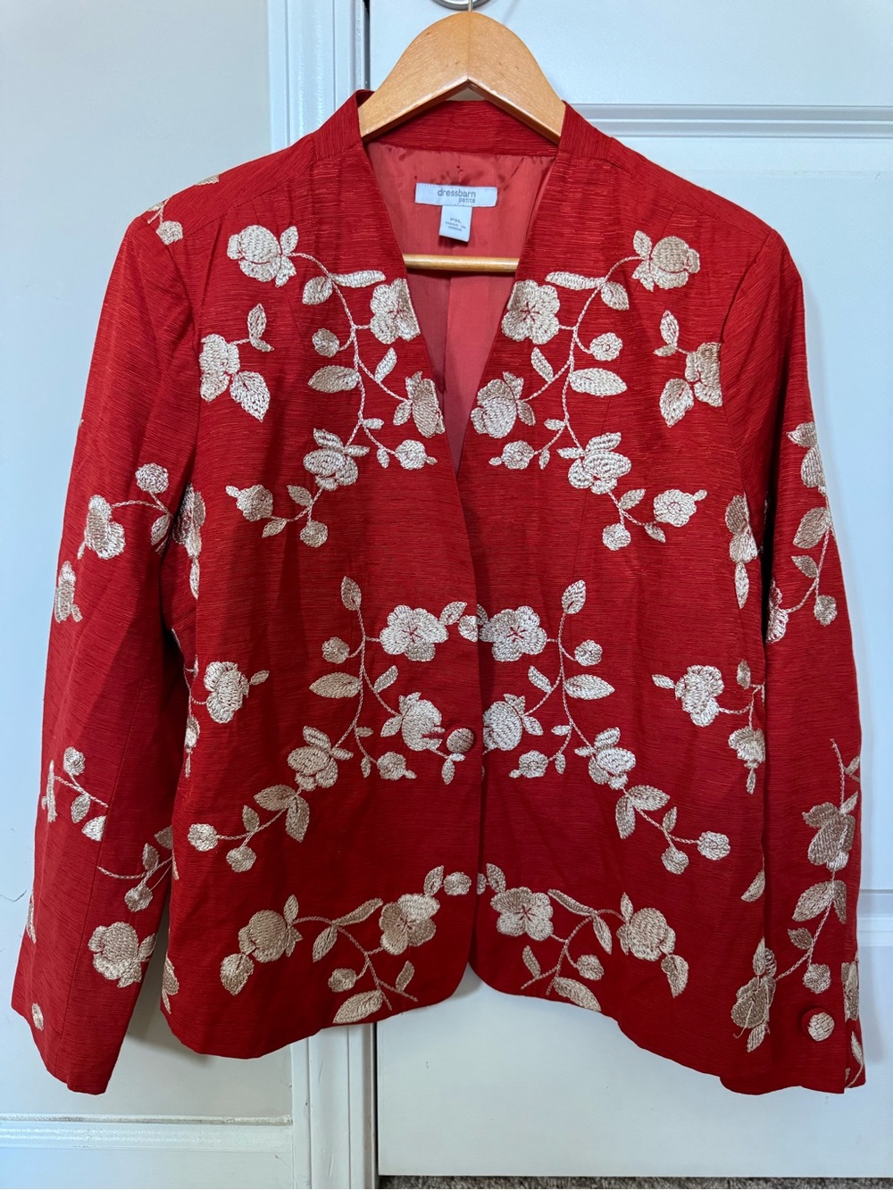 Dress Barn Petite XL Red Embroidered Blazer Jacket Silk Floral